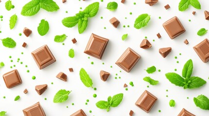 Wall Mural - Colorful Arrangement of Mint Leaves and Chocolate Pieces on a Bright White Background