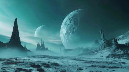 Canvas Print - alien world planet, deep space landscape with several moons