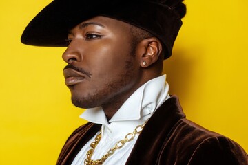 Stylish african male adult in vintage attire and hat against yellow background.