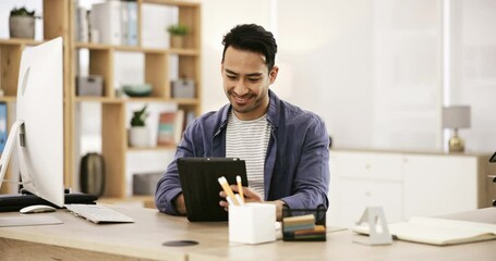 Aufkleber - Smile, businessman at desk with computer and tablet for research for online article, review or feedback. Reading email, website search and man in office working on tech business development report.