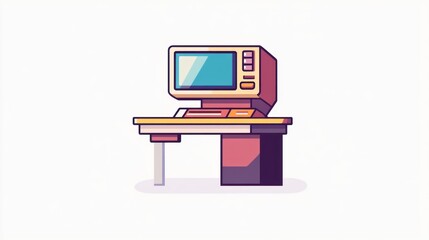 Poster - Retro computer on desk, simple illustration, modern style, background