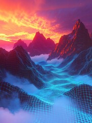 Poster - futuristic digital landscape with mountains and clouds formed by a line grid