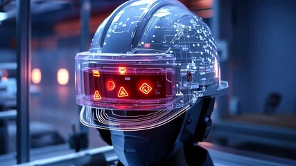 Poster - futuristic transparent hardhat equipped with augmented reality interface displays critical informati