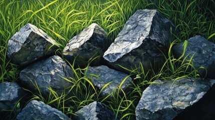 Canvas Print - Serene Stones Amidst Verdant Grass: A Still Life of Nature's Tranquility