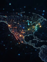 Poster - Digital map of North America, showcasing the interconnectedness of the continent through glowing lines and dots, representing communication, technology, and global connections.