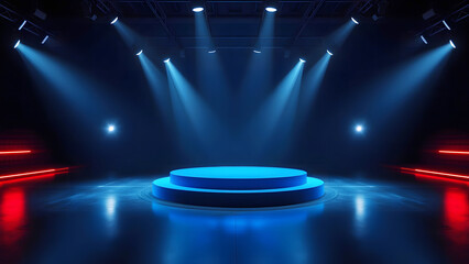 Futuristic stage with glowing blue spotlights, modern event presentation background, high-tech digital performance, award show, or concert