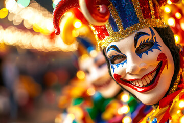 Wall Mural - Colorful carnival jester with festive makeup and costumes, Mardi Gras