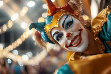 Wall Mural - Smiling female jester with colorful costume at festive carnival night, Mardi Gras