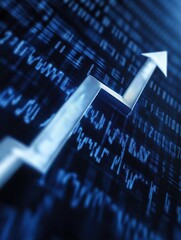 Poster - Perspective view of stock market growth business investing and data concept with digital financial chart graphs diagrams and indicators on dark blue blurry background