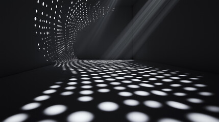 Poster - cascade of digital dots creates dynamic dance of light and shadow in minimalist room, evoking futuristic ambiance. interplay of light beams and circular patterns adds depth and intrigue