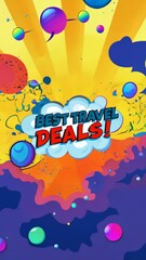 Poster - A colorful poster with the words Best Travel Deals written in big letters. The poster is filled with various colored spheres, giving it a fun and vibrant appearance