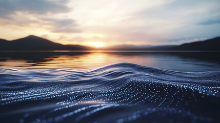 Poster - serene digital landscape with cascade of glowing dots forms dynamic pattern over calm water surface at sunset, creating tranquil and futuristic scene