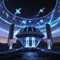 A futuristic dome structure with glowing blue lights and satellites orbiting above in a starry sky.