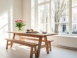© iting - Sunny dining room with wooden table, bench, and tulips.