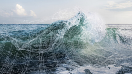 Poster - dynamic close up of ocean wave with digital lines overlaying water, capturing energy and motion of sea. sky is partly cloudy, adding depth to scene
