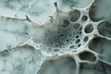 Abstract, intricate, web-like structure with holes, resembling bone or a decaying organism.