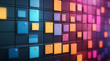 Poster - Colorful square panels arranged in grid pattern create vibrant and modern design. interplay of colors like blue, orange, and purple adds dynamic visual appeal, perfect for creative projects