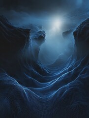 Wall Mural - Futuristic digital landscape with blue lines and dots creating waves and depth, gradient effect in dark and mysterious setting.