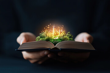 Poster - Enchanting castle emerges from an open book in a magical realm of imagination