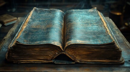 Poster - Ancient Wisdom: An Open Tome Revealing Secrets and History, Richly Detailed and Embellished with Intricate Text on Aged, Textured Pages Under Soft, Ambient Lighting
