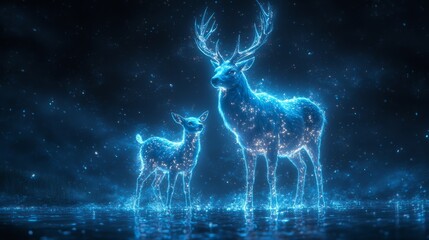 Poster - ethereal guardians: a neon deer and fawn amidst a cosmic lake, bathed in celestial light, forming a 