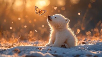 Poster - Golden Moment: A Curious Polar Bear Cub Encounters a Butterfly in a Sun-Kissed Arctic Landscape of Sparkling Snow and Magical Light