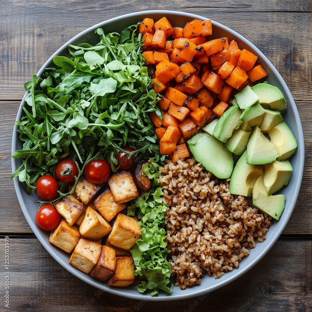 Colorful Buddha bowl with red rice, tofu, sweet potato, arugula and ...