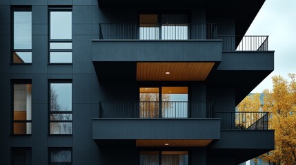 Aufkleber - Modern Black Apartment Building Facade with Balconies and Reflections, Showcasing Minimalist Architecture and Autumnal Color Palette.