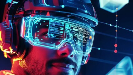 Poster - professional video game player wearing futuristic vr headset and headphones, experiencing the metave