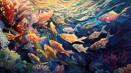 Wall Mural - Vibrant Underwater Scene: A School of Fish Amidst Coral Reef