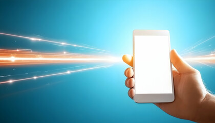 Wall Mural - hand holding smartphone with blank screen on abstract light trails background. use it for presentati