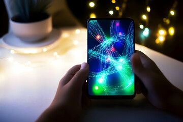 Wall Mural - person holds phone with abstract lights display. warm fairy lights glow in background. promotional t