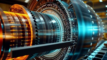 Poster - futuristic industrial roller rotating at high speed, displaying digital data on a holographic projec