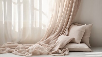 Aufkleber - Elegant silk fabrics flow gracefully in soft light against a neutral backdrop, creating a serene and welcoming atmosphere. Generative AI