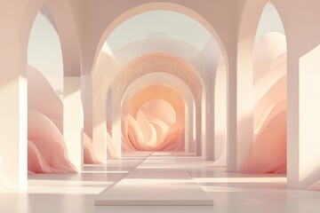 Poster - Serene architectural space with soft curves abstract gallery digital art minimalist design indoor perspective