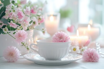 Poster - Elegant festive dining table adorned with fresh flowers and glowing candles for a cozy gathering. Generative AI