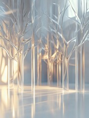Fototapete - Glowing reflections enhance the beauty of an abstract glass forest with unique tree shapes in a serene light setting. Generative AI