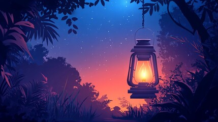 Wall Mural - Vintage Ramadan Lantern Glowing in the Night with a Soft Warm Light, Set Against a Dark Sky, Capturing the Essence of Ramadan's Traditional Atmosphere and Spiritual Reflection During the Holy Month
