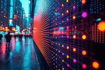 Dynamic stock market ticker displaying real-time data urban streets digital art nighttime close-up view financial insights