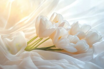 Poster - Elegant white tulips resting on flowing silk fabrics with soft lighting and a neutral background for a serene atmosphere. Generative AI