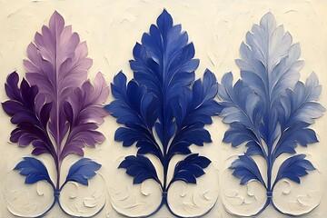 Wall Mural - Vibrant decorative artwork featuring three ornate leaf patterns in purple and blue hues