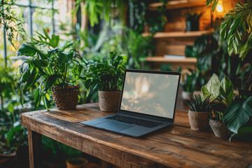 Wall Mural - Laptop on wooden table surrounded by green plants and natural light in cozy workspace environment