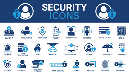 Aufkleber - Security icon set. Containing secured payment, encryption, safety, insurance, data protection, detector, sensor, locked, password, and cybersecurity icon. Solid icon collection.