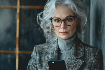 Wall Mural - Woman with glasses and gray hair smiling in a natural outdoor setting