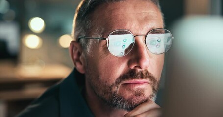 Aufkleber - Man thinking, night and computer reflection in glasses, chief financial officer and online for stats. Budget, review and digital graphs for expenses report in workplace, investment feedback and ideas