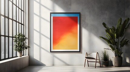 Aufkleber - A bright and modern living room featuring a vibrant abstract art piece hanging on the wall surrounded by lush potted plants a minimalist wood and metal chair