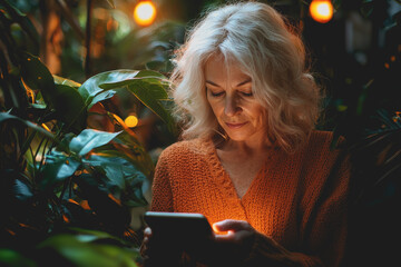 Woman looking at smartphone while sitting at a table in a casual indoor setting