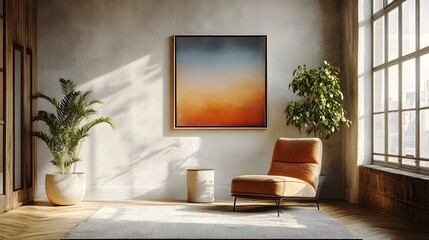 Poster - A cozy and inviting modern living room interior featuring a comfortable couch lush potted plant and a framed abstract landscape art piece depicting a warm sunset gradient