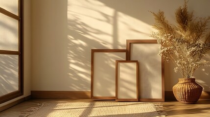 Aufkleber - A cozy and tranquil interior scene with a large window letting in warm natural light casting soft shadows across the minimal wooden frames and decor