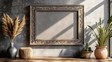 Aufkleber - A modern minimalist home decor scene featuring a rustic framed wall art piece and various potted plants in ceramic vases creating a serene tranquil and elegant ambiance in the room